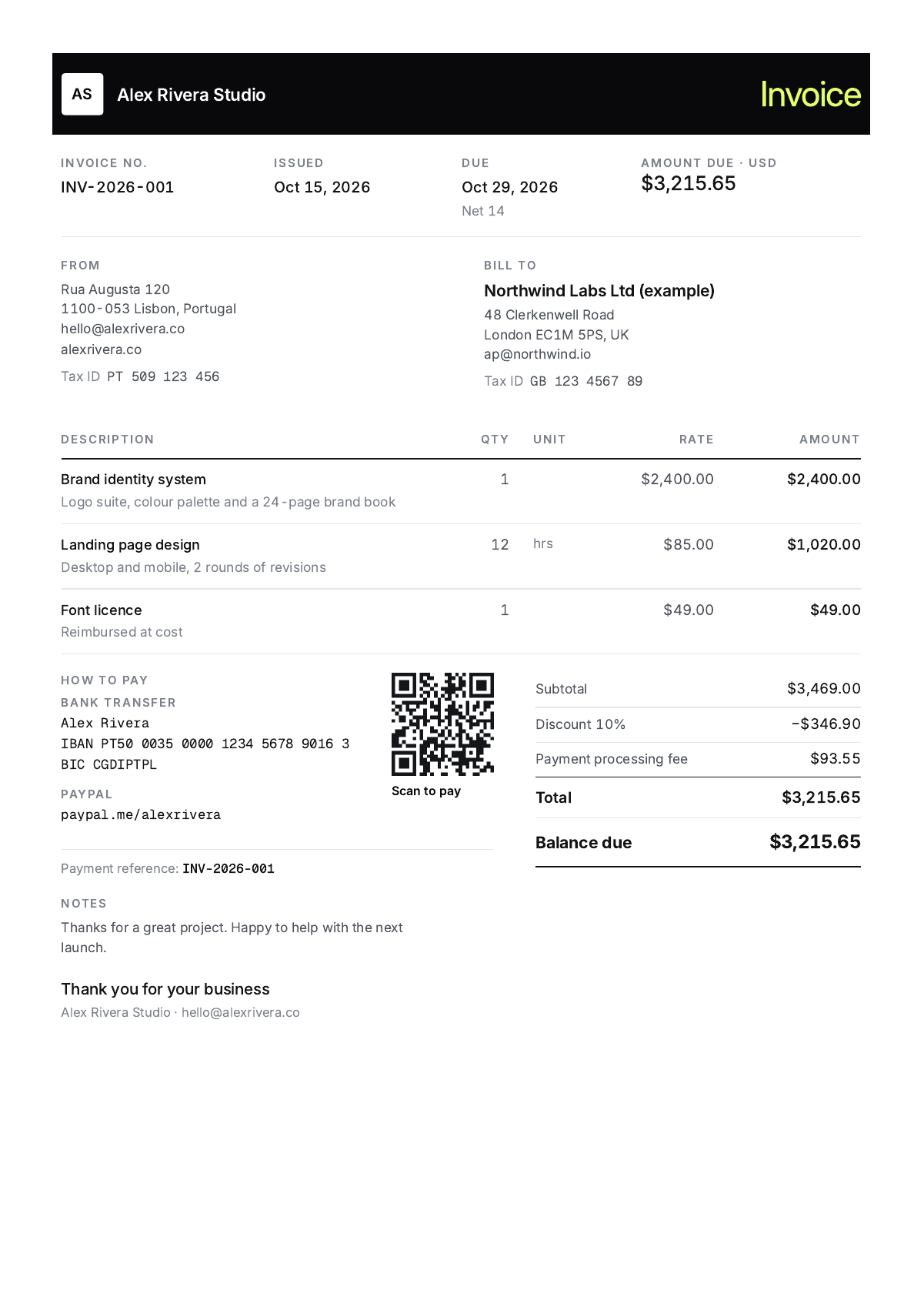 Block invoice template: invoice with a brand-colour header band and a large amount due