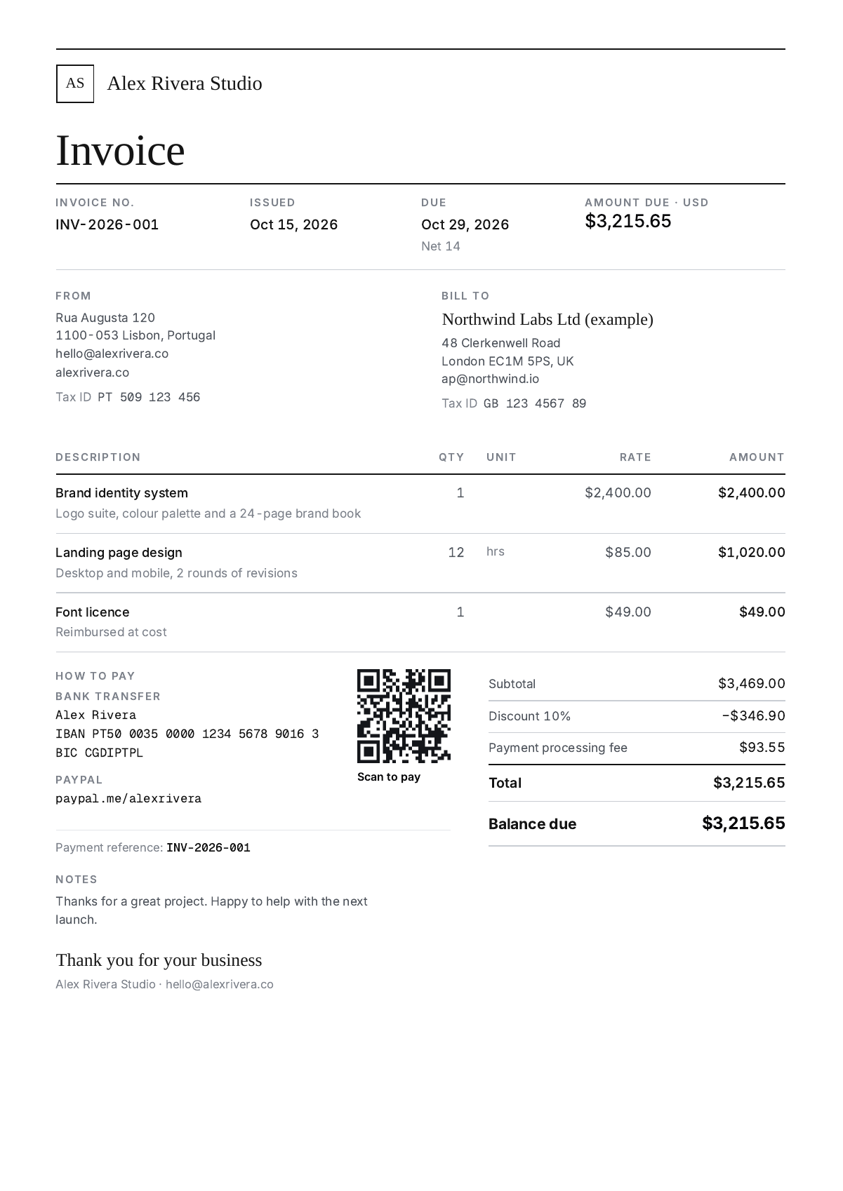 Ledger invoice template: serif freelance invoice with line items and a scan-to-pay QR code