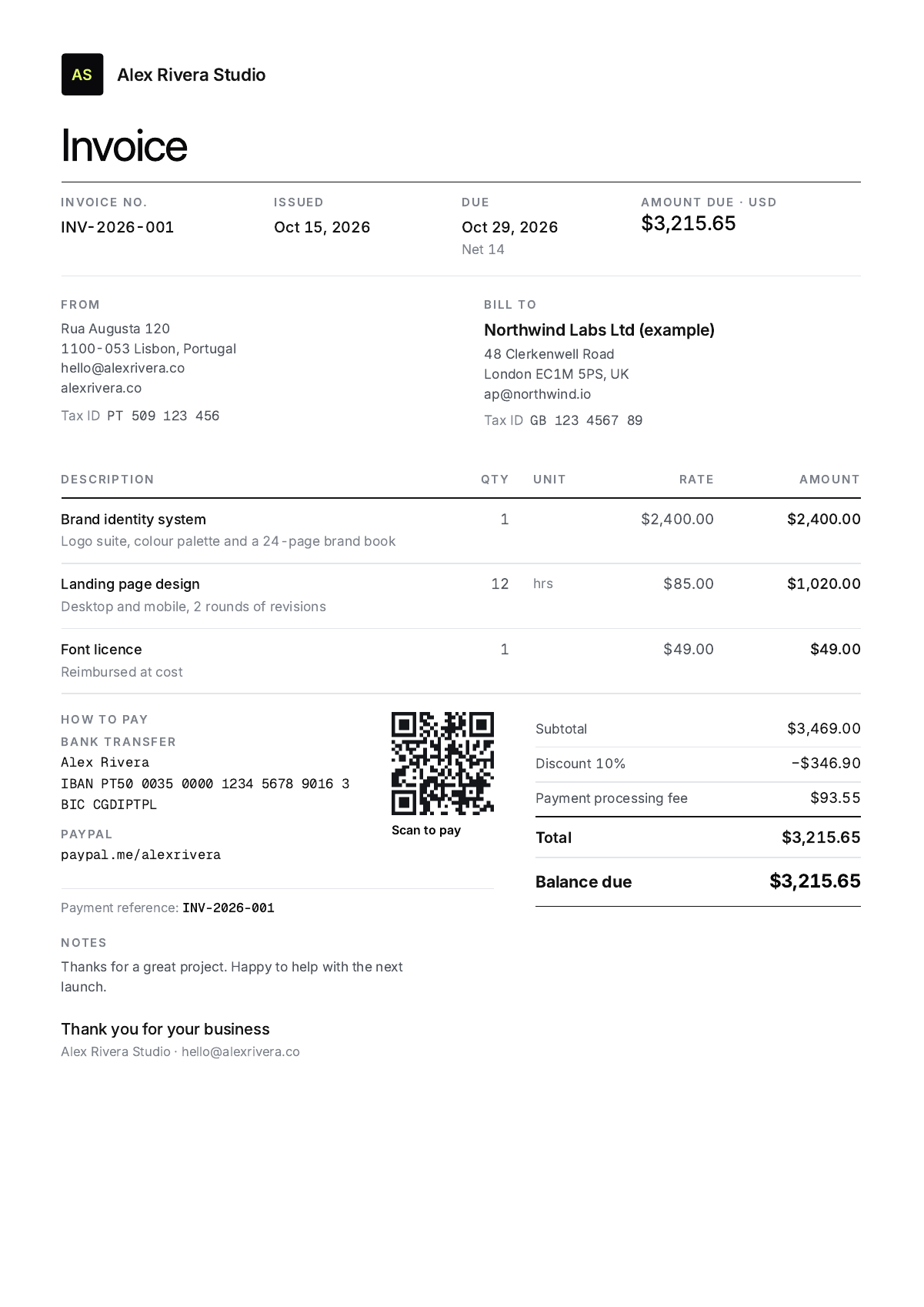 Studio invoice template: a freelance invoice with a logo, line items, VAT, a bank QR code and a large amount due, made with the NetHustler free invoice generator
