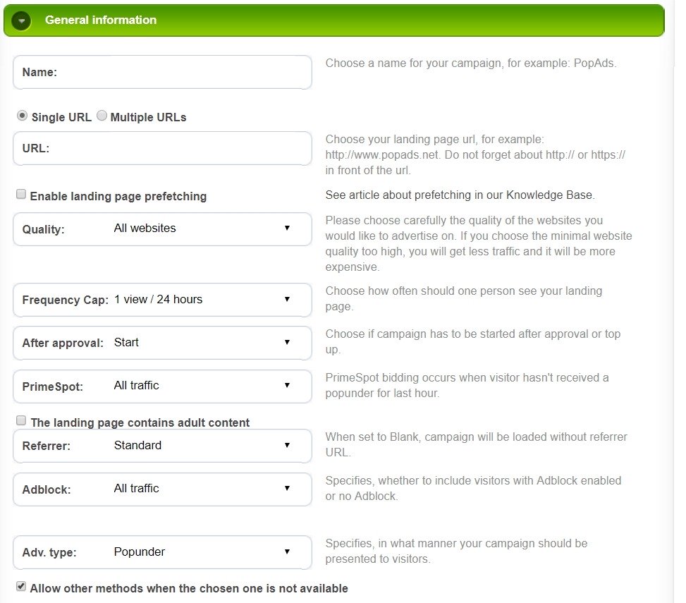 PopAds Settings