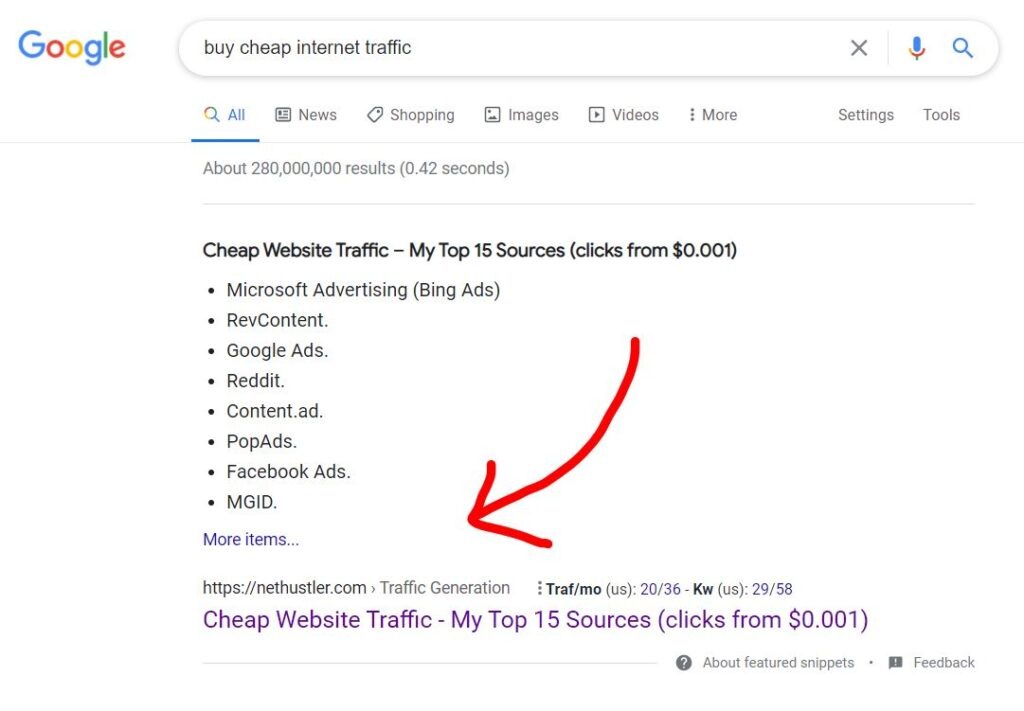 list featured snippets