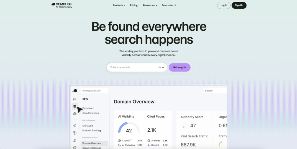 Semrush homepage with SEO, content marketing, and AI visibility tools