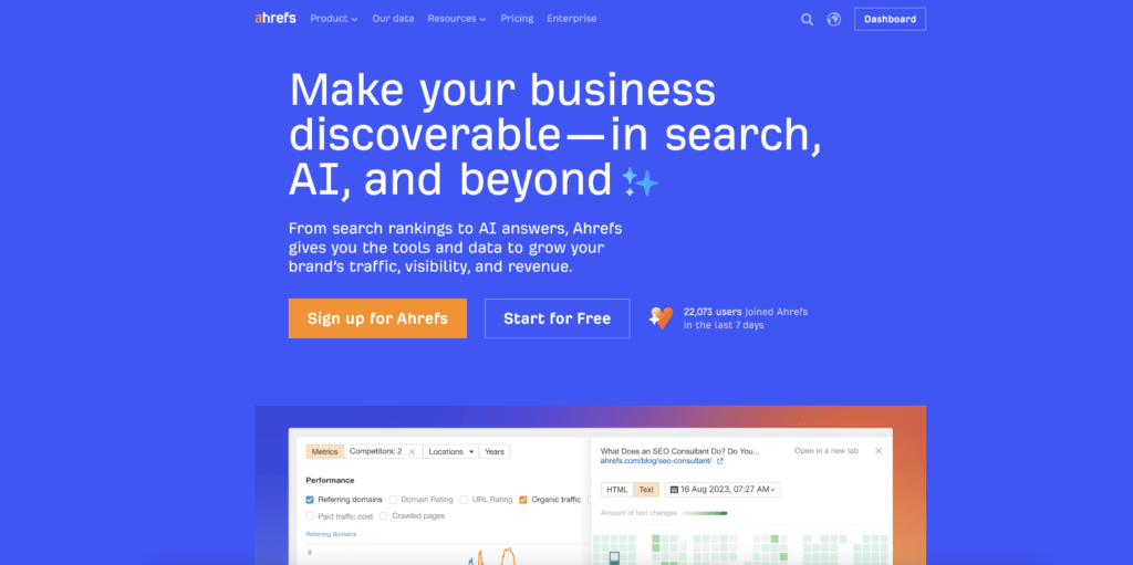 Ahrefs homepage showing the all-in-one SEO toolset for keyword research and backlink analysis