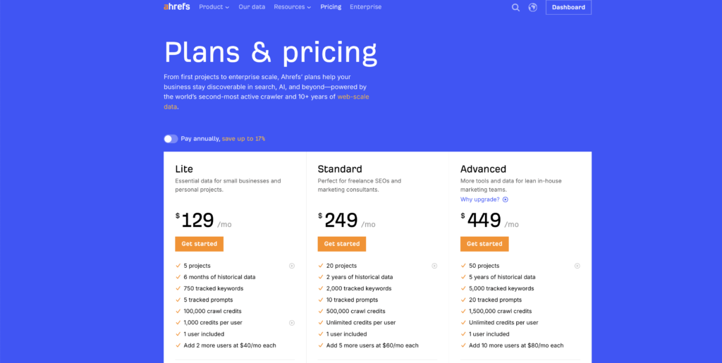 Ahrefs pricing page showing Lite, Standard, and Advanced plans at $129, $249, and $449 per month