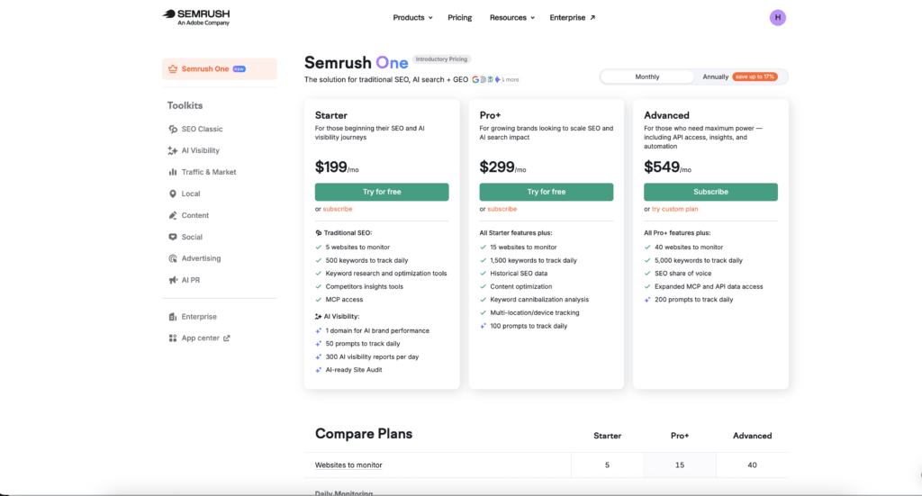 Semrush One pricing with Starter, Pro+, and Advanced plans for SEO and AI search visibility tracking