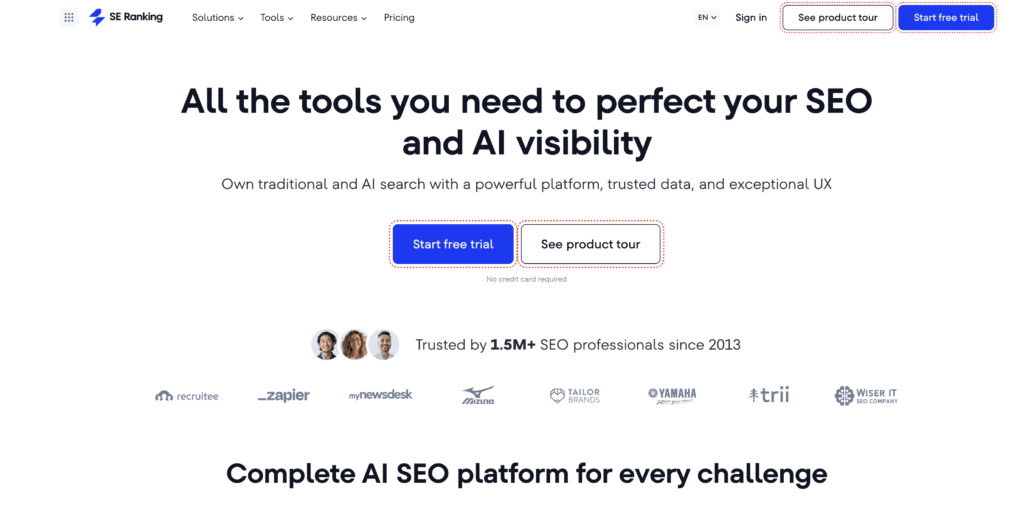 SE Ranking homepage showing SEO and GEO platform for traditional search and AI answers