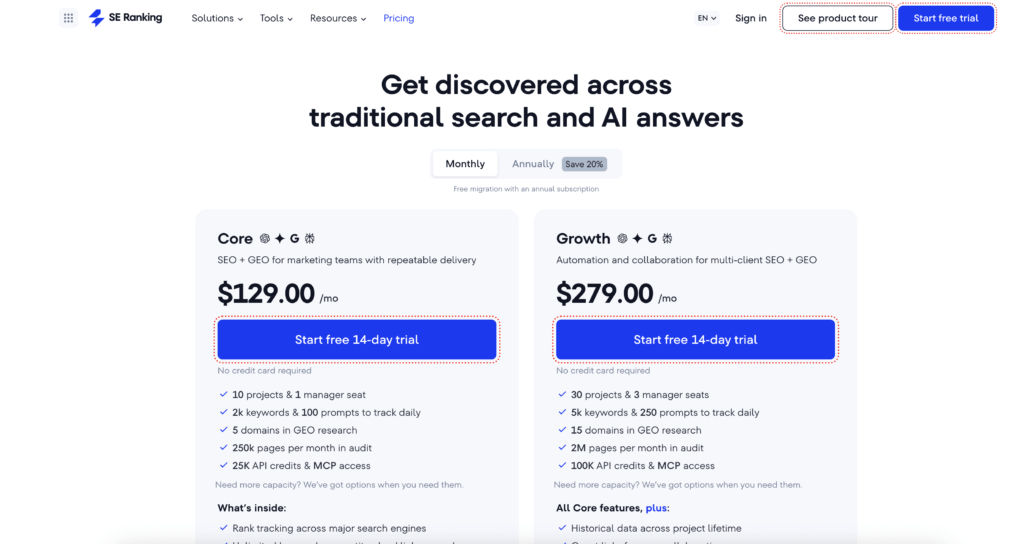 SE Ranking pricing showing Core at $129 and Growth at $279 per month with SEO and GEO features