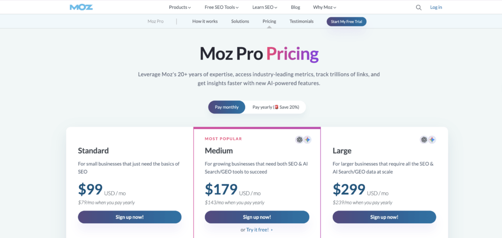 Moz Pro pricing showing Standard, Medium, and Large plans with AI Search and GEO tools