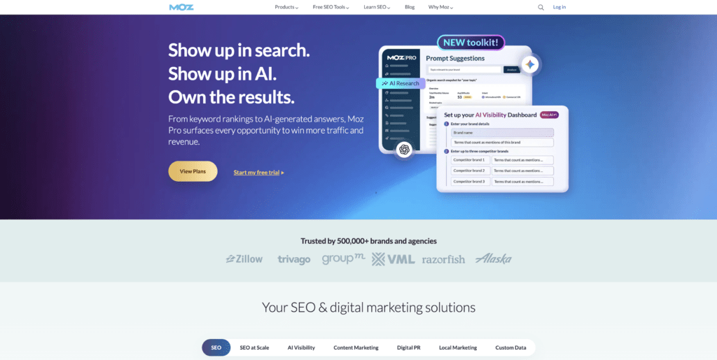 Moz Pro homepage with SEO software including Domain Authority and Link Explorer