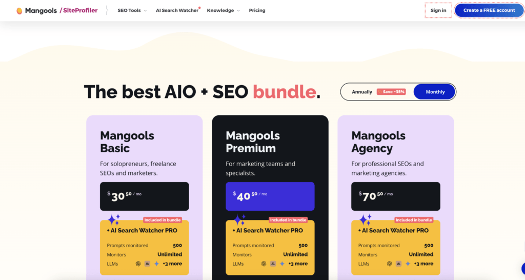Mangools pricing with AI Search Watcher PRO bundled into Basic, Premium, and Agency plans