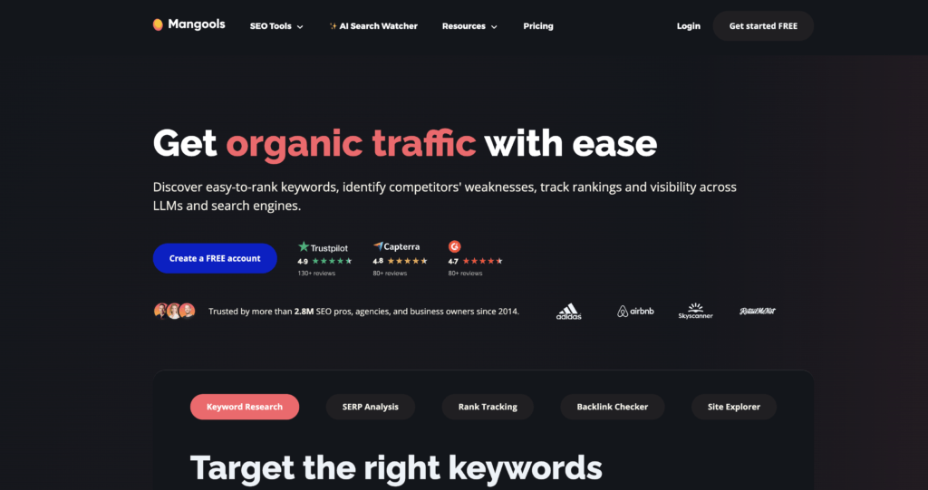 Mangools homepage showing the five-tool SEO suite including KWFinder and SERPWatcher