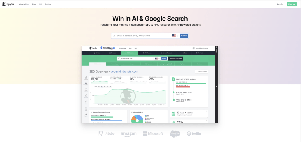 SpyFu homepage showing competitor PPC and SEO research with AI marketing insights