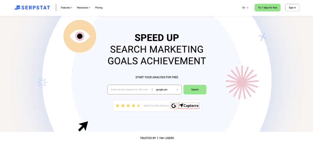 Serpstat homepage showing the all-in-one SEO platform for keyword and backlink research