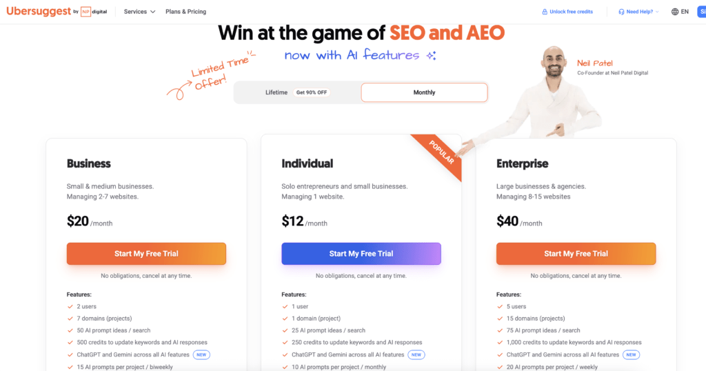 Ubersuggest pricing by Neil Patel with Individual, Business, and Enterprise plans for SEO and AEO