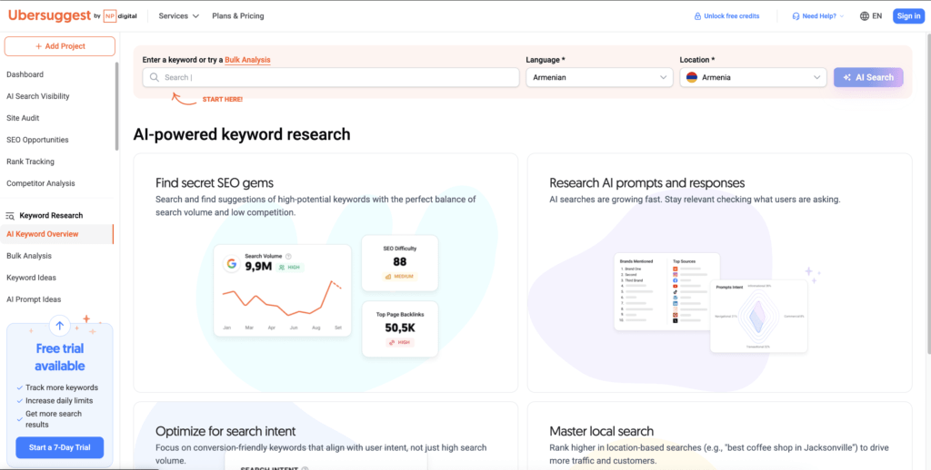 Ubersuggest homepage by Neil Patel showing SEO and AEO tools for content and keyword research