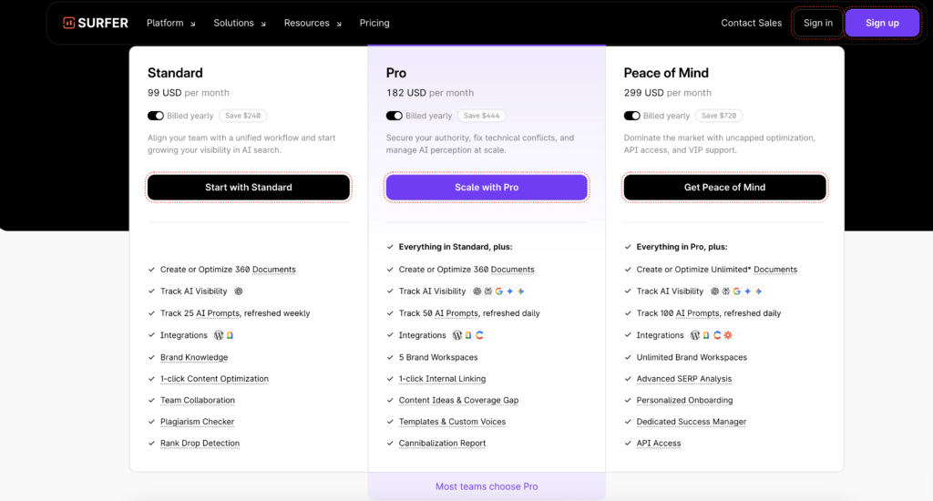 Surfer SEO pricing with Standard, Pro, and Peace of Mind plans for AI search visibility tracking