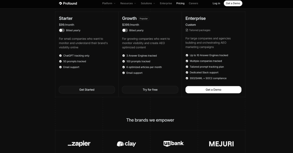 Profound pricing showing Starter, Growth, and Enterprise plans for AI search visibility and AEO