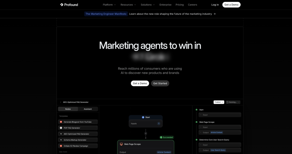 Profound homepage showing the AI search visibility and answer engine optimization platform