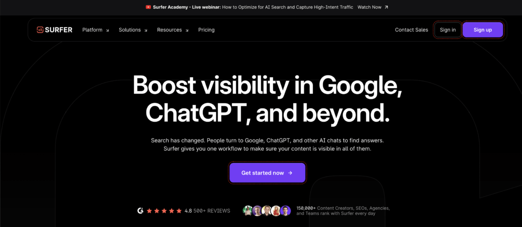Surfer homepage showing AI search optimization and content editor for SEO writing