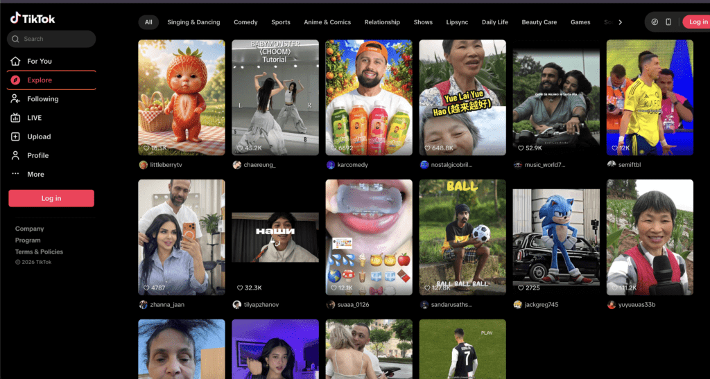 A screenshot of TikTok’s homepage on a desktop screen.
