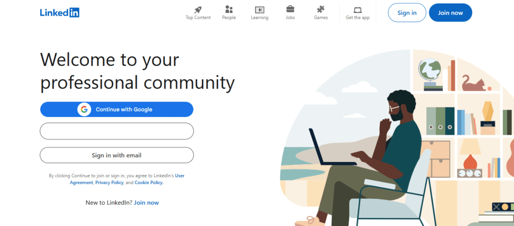 A screenshot of LinkedIn’s homepage on a desktop screen.
