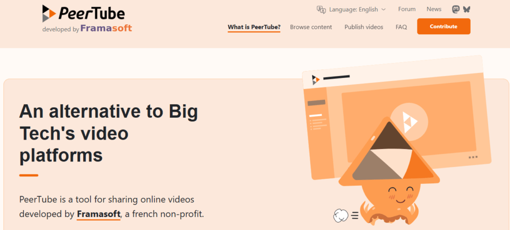 A screenshot of PeerTube’s homepage on a desktop screen.