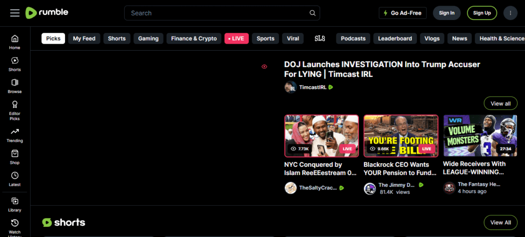 A screenshot of Rumble’s homepage on a desktop screen.