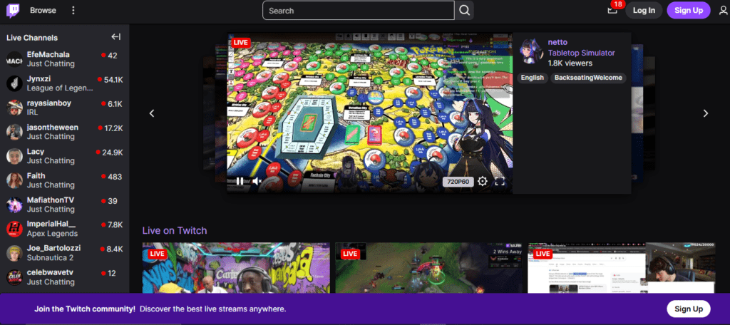 A screenshot of Twitch’s homepage on a desktop screen.