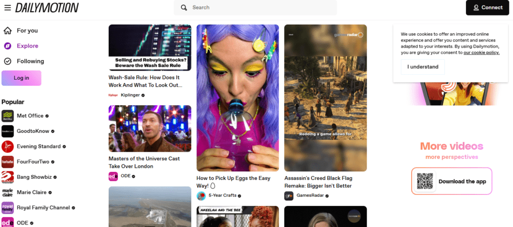 A screenshot of Dailymotion's homepage on a desktop screen.