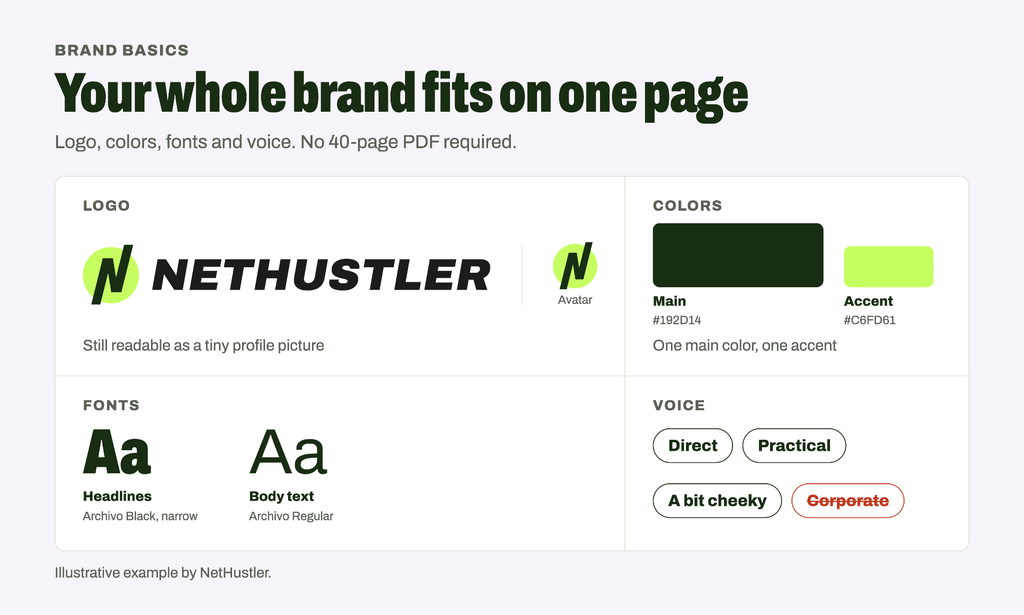 One-page brand style guide showing logo, two fonts, color palette and brand voice