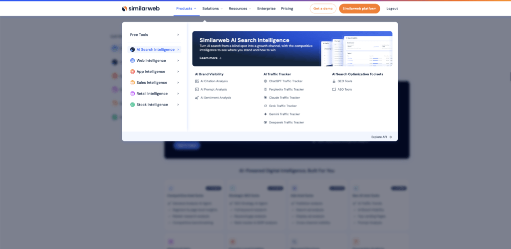 Similarweb Products mega-menu showing the AI Search Intelligence product line with tools for AI Brand Visibility, AI Citation Analysis, AI Prompt Analysis, AI Sentiment Analysis, and traffic trackers for ChatGPT, Perplexity, Claude, Grok, Gemini, and Deepseek