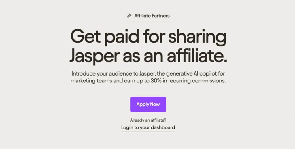 A screenshot showing Jasper’s affiliate application page.