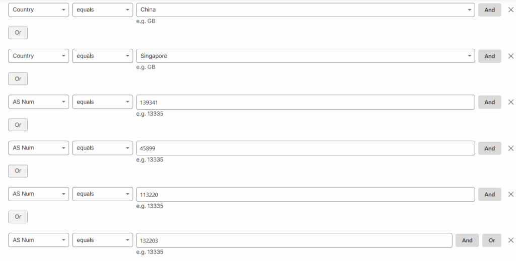 My custom security rules in Cloudflare to block China and Singapore traffic