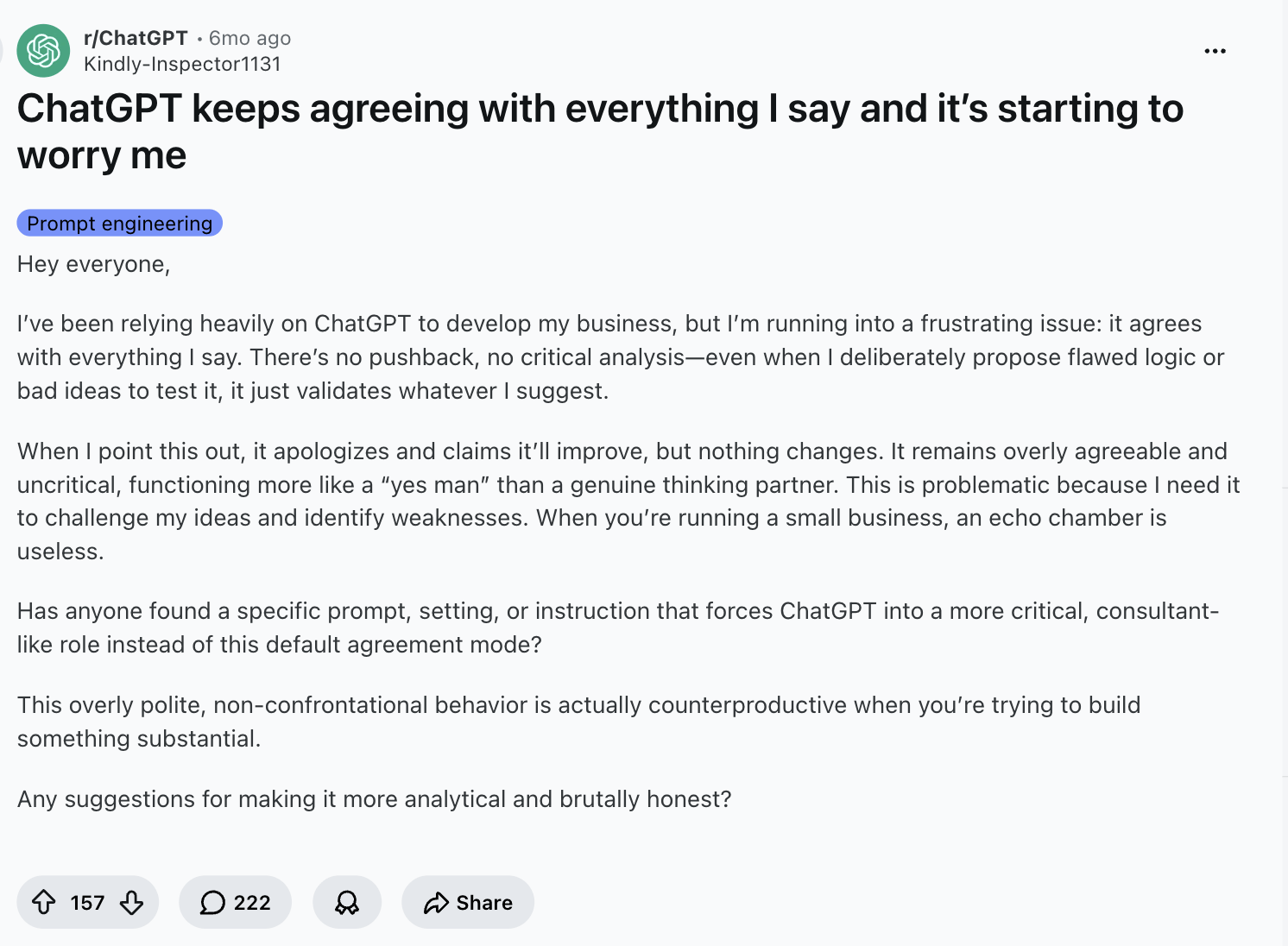 Fill it in like this:
Alt Text:
"Reddit post about ChatGPT agreeing with everything — r/ChatGPT