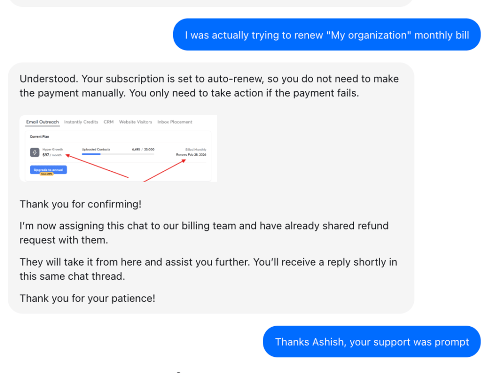 Instantly.ai support chat resolving a duplicate Hypergrowth subscription billing issue, with the agent confirming subscription details and assigning the refund request to the billing team within the same chat thread