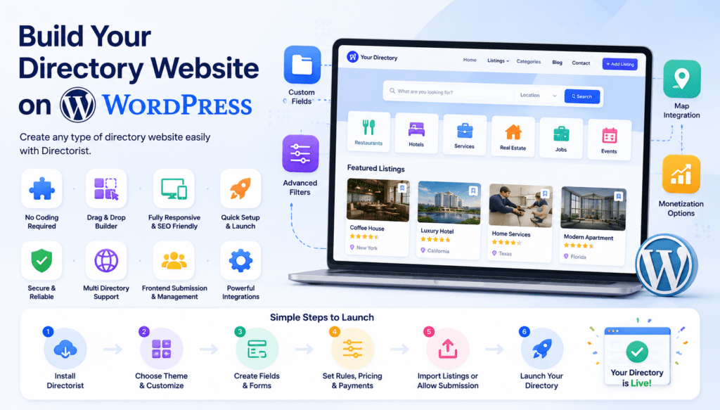 Directorist WordPress directory plugin dashboard showing featured listings for restaurants, hotels, and real estate with location search