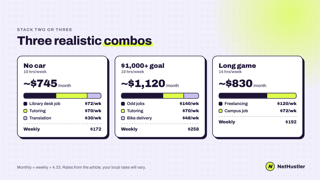 Three college side hustle combos: no car about $745 a month, a $1,000 goal about $1,120 a month, and the long game about $830 a month